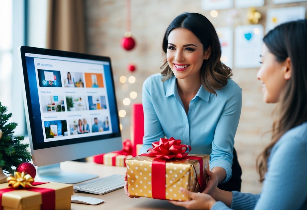 A woman smiles as she receives a beautifully wrapped gift surrounded by various options and ideas displayed on a computer screen